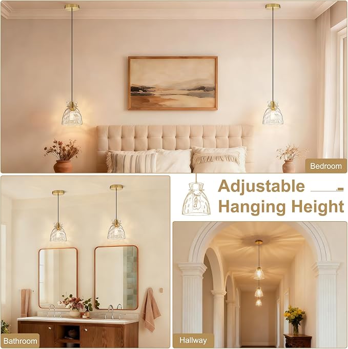 5.9" Mini Black Gold Hammered Glass Pendant Lights Kitchen Island, E26 Base | 4mm Thick Glass, 59" Adjustable Cord, Sloped Ceiling, Brass Kitchen Pendant Lighting over Sink, Small Kitchen Pendant Lights