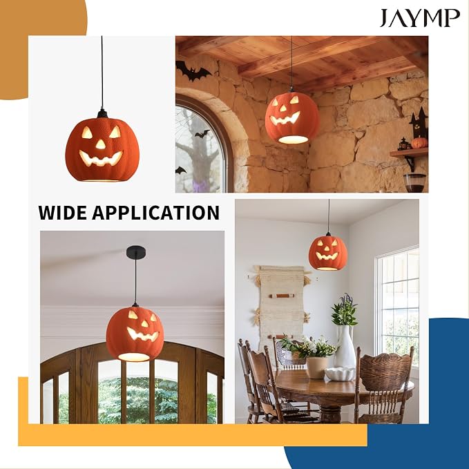 JAYMP Halloween Light Up Pumpkin Pendant Light, Jack O Lantern, Living Dining Room Hanging Lamp E26 Base Lighting Fixture (Orange, 12.6in Small Size)