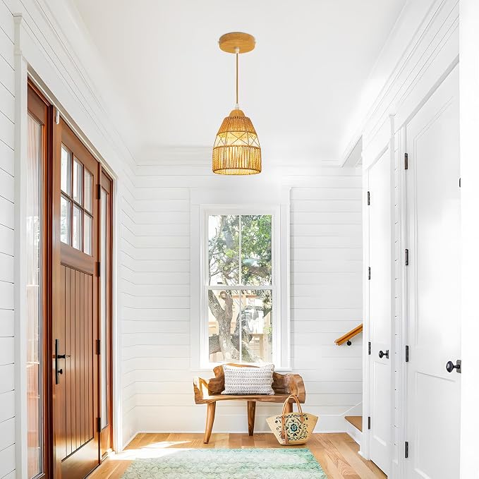 Boho Rattan Pendant Light for Kitchen Island Cone Hanging Lamp | Handwoven Rattan Shade Adjustable Height 10-57 Inch E26 Base Farmhouse Chandeliers for Kitchen Islands And Dining Rooms