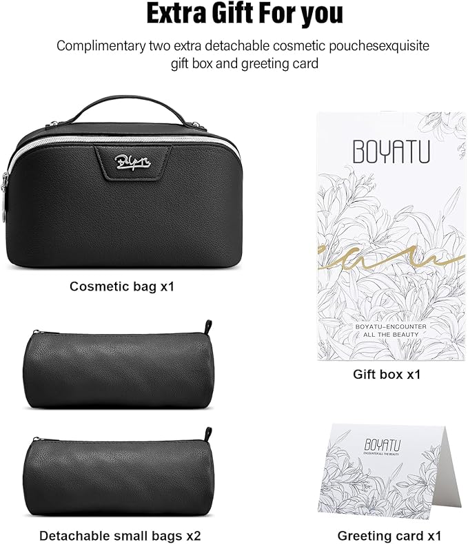 BOYATU Travel Makeup Bag Cosmetic Bags for Women: Large Capacity 3 Pcs Set Make up Bag with Compartments - Waterproof Vegan Leather Toiletry Organizer Bags with Handle (L26Black)