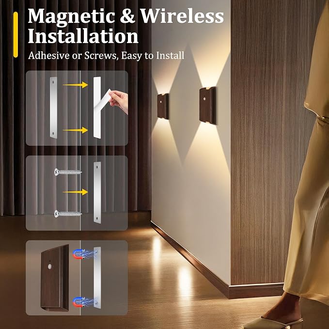 Eneru Motion Sensor Wall Sconce, Rechargeable Wireless Lights Indoor 2 Pack | 5000mAh Battery Powered, Remote 3CCT Dimmable, Cordless Magnetic, Motion Night Light for Hallway Closet Bathroom Stair,Walnut
