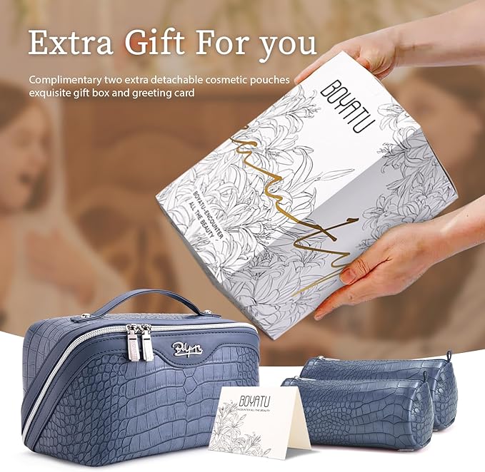 BOYATU Travel Makeup Bag Cosmetic Bags for Women: 3 Pcs Set Large Capacity Make up Bag with Handle - Crocodile Pattern Vegan Leather Toiletry Bags Travel Essentials with Compartments(E-3-Blue)