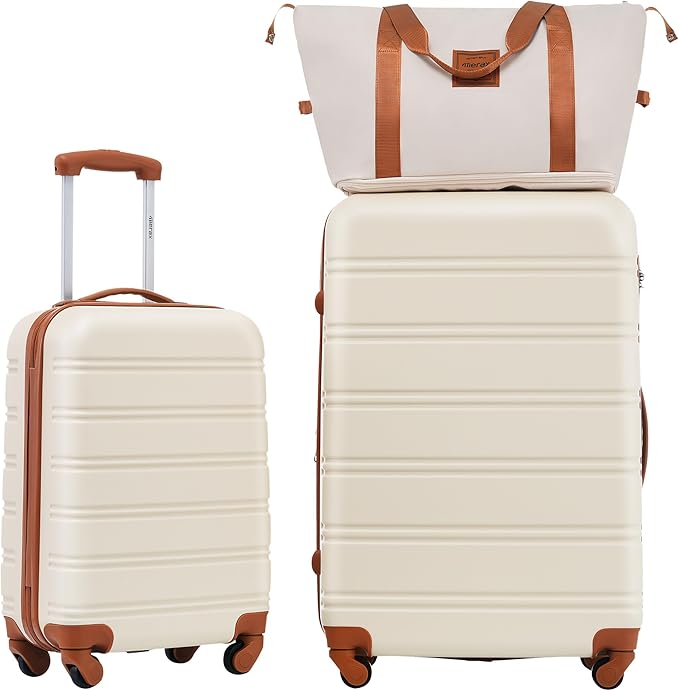 Merax Luggage Sets 2 Piece Suitcase Set 20/28 IN,Carry on Luggage and Travel Bag TSA Lock Expandable,Hard Case Luggage with Spinner Wheels,White and Brown