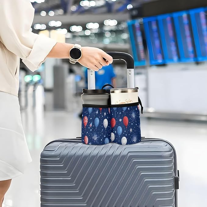 Luggage Cup Holder for Suitcases Free Hands Travel Cup Holder Portable Suitcase Cup Drink Holder Luggage Cup Caddy Bag Carrier Navy Blue Patriotic Balloons Fireworks