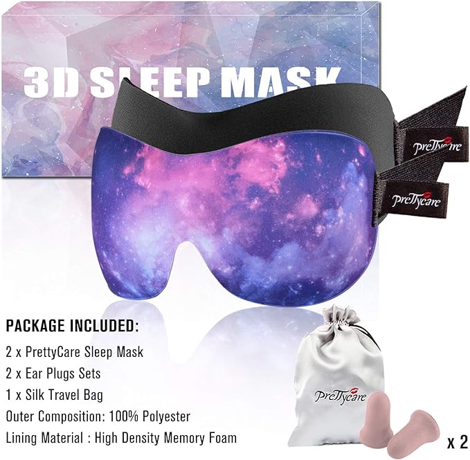 PrettyCare 3D Sleep Mask 2 Pack,Eye Mask for Sleeping 3D Contoured Sleeping Mask Blackout Out Light - Blindfold Airplane with Ear Plugs, Night Masks with Travel Bag (Ultra Purple and Black)