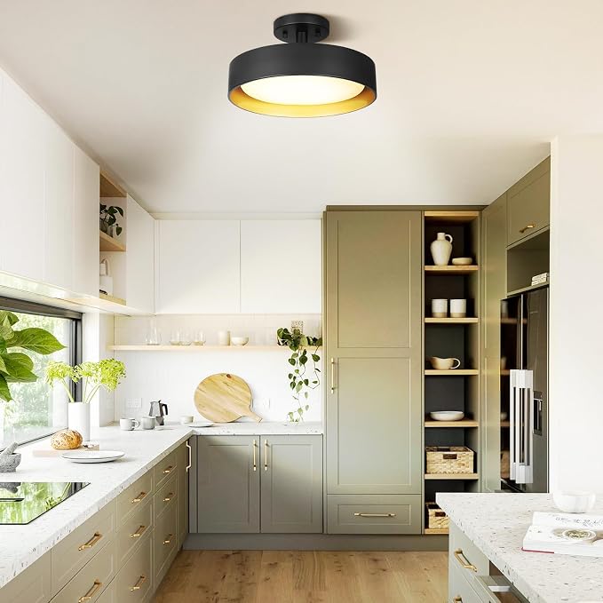 Semi Flush Mount LED Ceiling Light 4000K, 12 Inch 25W Dimmable | Neutral White, 2000LM, 200W Equiv. Gold Inside, Round Hanging Lights for Bedroom, Foyer, Hallway, Entryway, Living Room