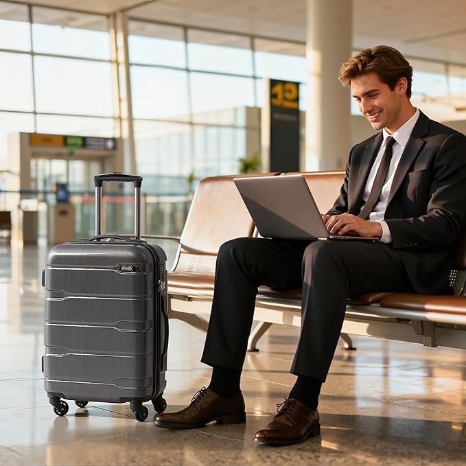 Coolife Carry On Luggage 22x14x9 Airline Approved Hardside PC+ABS Suitcase with TSA Lock, Lightweight Rolling Travel Luggage with Spinner Wheels(Charcoal, 20in)