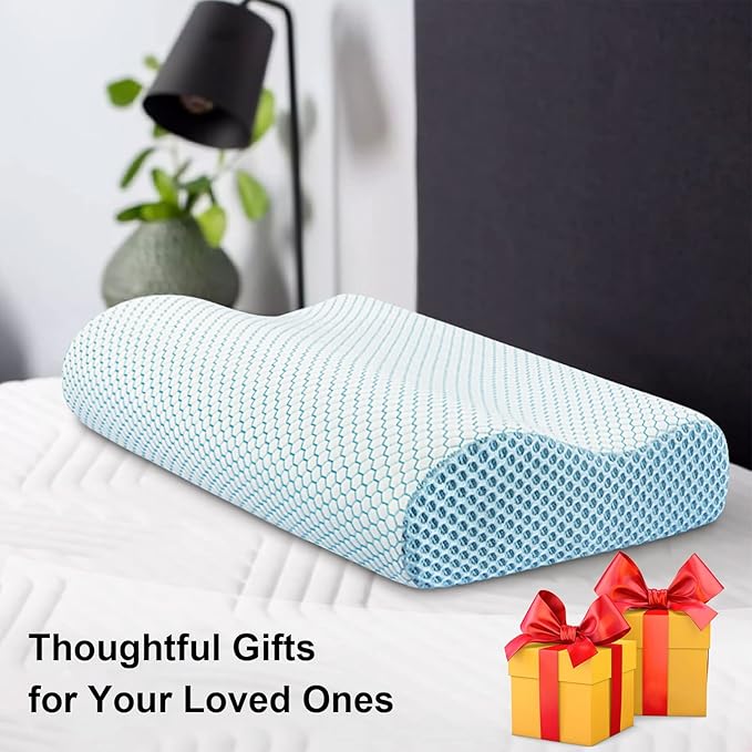 Anvo Memory Foam Pillow, Neck Contour Cervical Orthopedic Bed Pillow for Sleeping Side Back Stomach Sleeper, Ergonomic Design for Neck and Shoulder Pain Relief, Blue White, Soft