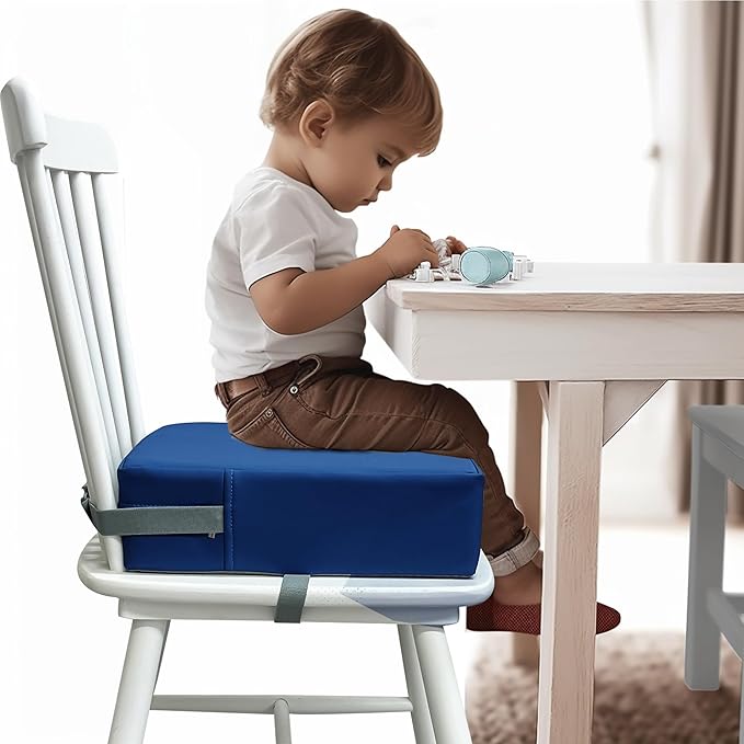 Toddler Booster Seat Dining Table Kitchen Chair, Waterproof Anti-Scratch PU Cushion, Non-Slip Bottom, Adjustable Buckle Straps, Easy Clean Portable Seat Cushion (Dark Blue)