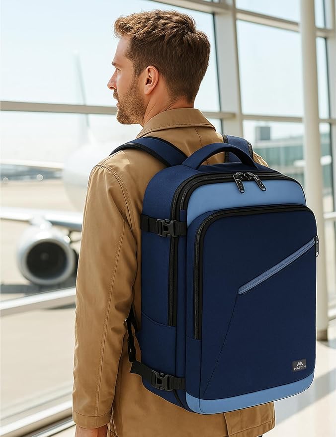 MATEIN Expandable Travel Backpack for Airplanes, Large Capacity Carryon Backpack for Men Women, Water Resistant Airline Approved Bags with Adjustable Shoulder Straps for International Trip, Grey Blue