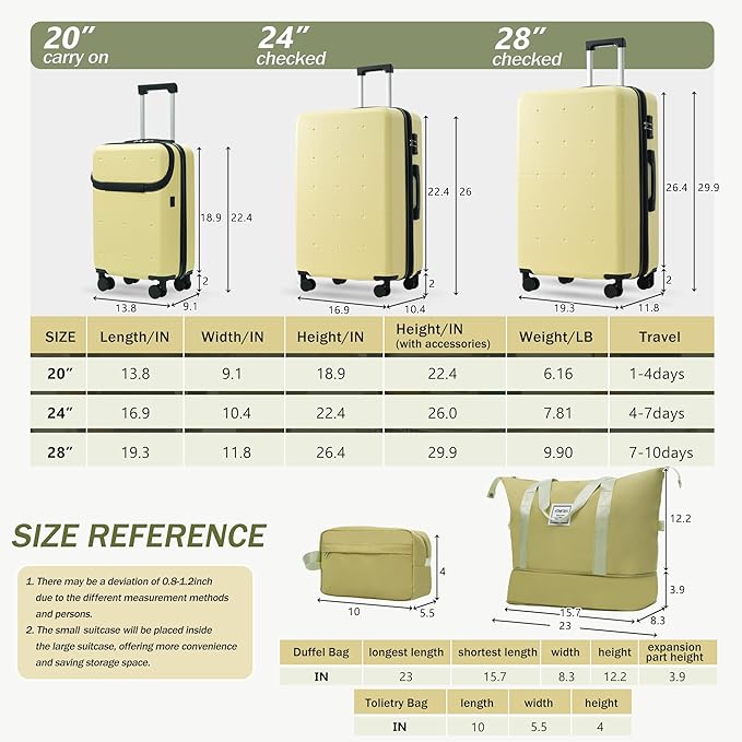 Merax Luggage Sets,5 Piece Front Half-open Hardshell Expandable Suitcase Set with Spinner Wheels and Duffel Bags,Lightweight Carry on Luggage with USB Port,20/24/28IN,Yellow-1