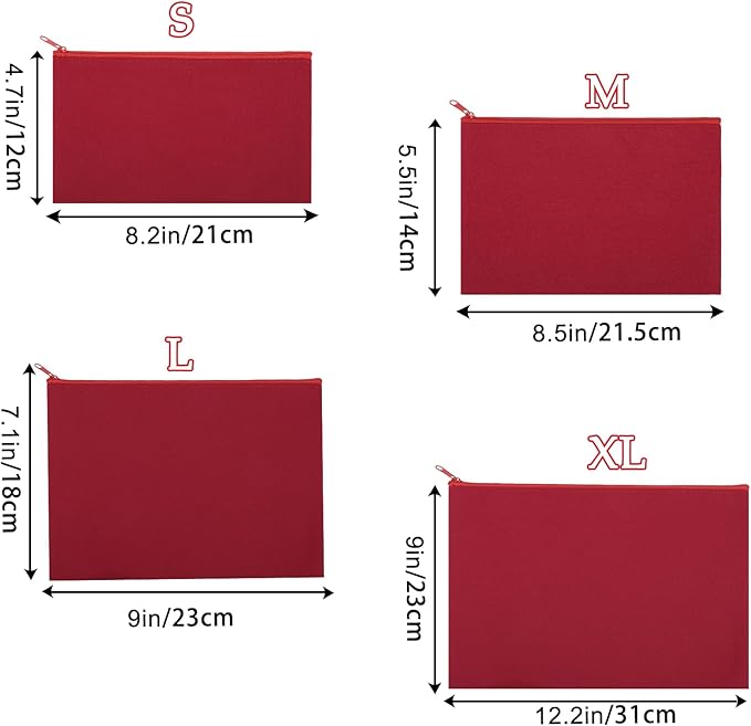 12 Pieces Cotton Canvas Makeup Bag, Multipurpose Cosmetic Bag with Zipper Travel Toiletry Pouch, Blank DIY Craft Bag (Red, XL)