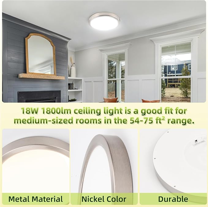 hykolity 9 Inch Selectable CCT LED Round Flat Panel Light,18W,1800LM,3CCT | 3000K/4000K/5000K,Edge-Lit Flush Mount Ceiling Light Fixture for Kitchen, Bedroom, Laundry and Closet Room,Brush Nickel