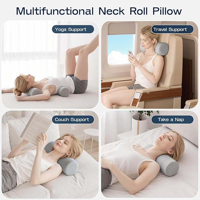 Neck Roll Pillow for Neck Pain Relief - Memory Foam Neck Support Pillow for Bed, Cylinder Pillows, Round Neck Pillow for Sleeping, 15.7 * 5 * 5 inch (Grey)