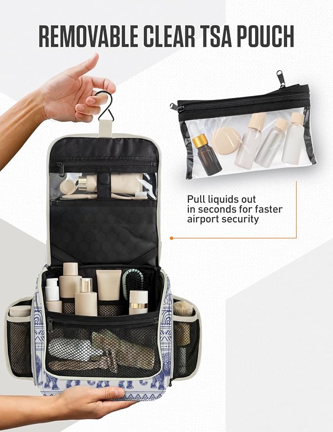 VENTURE 4TH Hanging Travel Toiletry Bag for Women & Men – Large Toiletry Organizer with 17 Compartments, Removable TSA Pouch, Travel Wash Bag for Toiletries, Makeup & Shaving Kit (Blue Elephant)