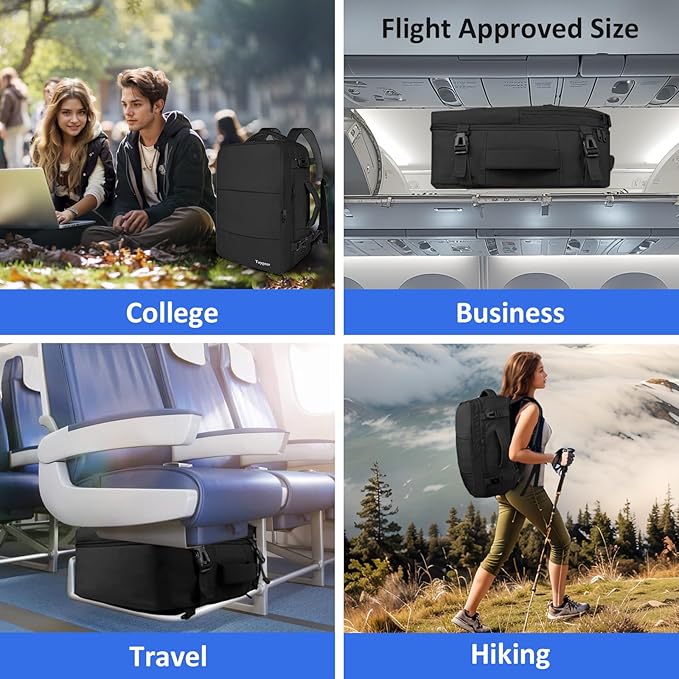 Taygeer Travel Laptop Backpack for Men Women, Airplane Approved Travel Backpack Suitcase with Water Bottle Pocket, Lightweight College 35l Luggage Bag 15.6inch Laptop Mochila Gifts for Business,Black