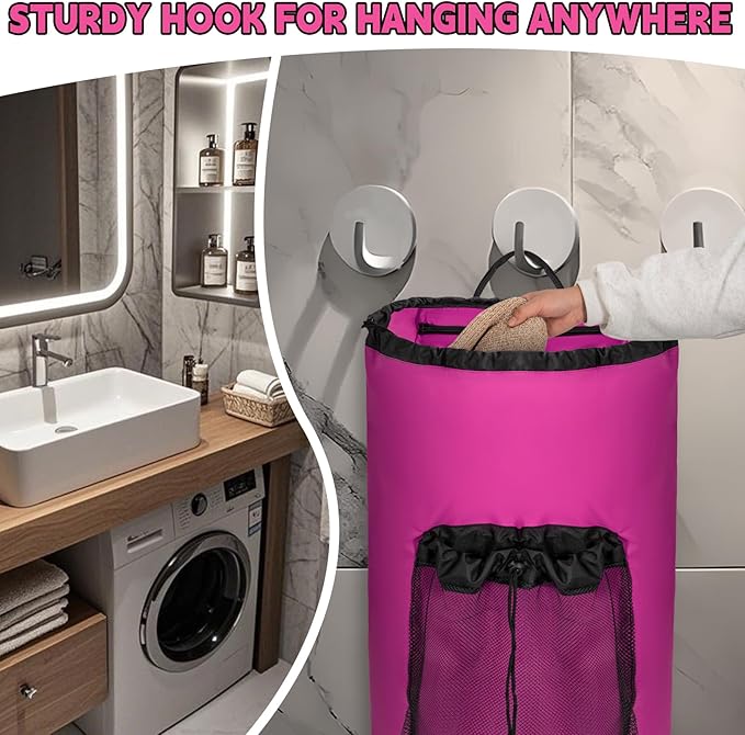 Laundry Bag Backpack with Shoulder Straps and Mesh Pocket Foldable Clothes Hamper Bag with Drawstring Closure for College, Apartment, Laundromat (Hot Pink)
