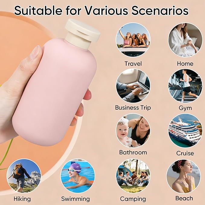 DEMORA 6.6oz Travel Bottles for Toiletries, Larger Plastic Travel Squeeze Bottles Leak Proof Refillable Toiletry Containers with Flip Caps and Labels for Shampoo Conditioner Lotion (Pink, 4 Pcs)