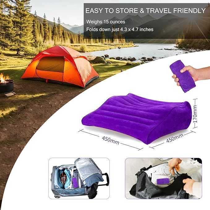 Inflatable Wedge Pillow for Traveling, Lightweight Wedge Pillow for Acid Reflux Relief, Portable Pillow Wedges for Sleeping, Blow Up Travel Pillow for Camping, Back Lumbar Support