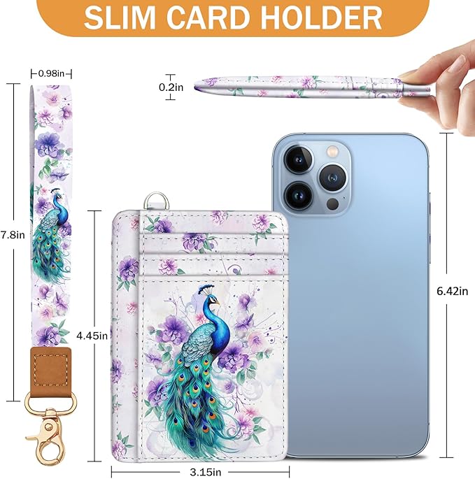 Yonlevres Peacock Credit Card Holder Slim Wallet, RFID Wallet Women Front Pocket Wristlet Lanyard, Small Card Holder Travel Funny Cute Thin ID Window PU Leather Case Organizer Gifts Girls