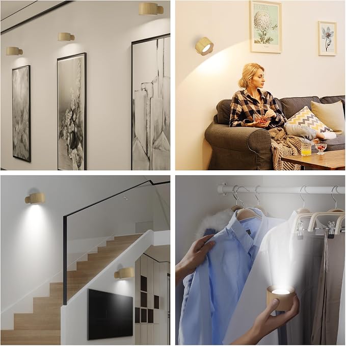 AKSDA Rechargeable Wall Sconce, Battery Operated LED Reading Light with 360-Degree Rotation Magnetic Mounting, Dimmable 3 Color Temps Touch Control Cordless Wall Lights for Study Home Office, 1 Pack