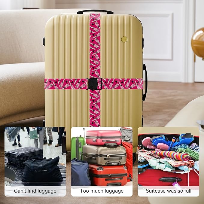 2 Pack Luggage Straps for Suitcases, Adjustable Travel Belt with Double Lock and Quick Release Buckle, Heavy Duty Nylon Bag Packing Strap, Bright Identifiers Business Travel Accessories-Pink Bottles