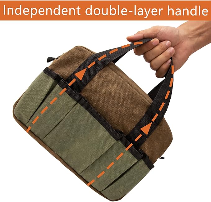 Small Tool Bag, Canvas Tool Storage Bag, Large Capacity Multipurpose Zipper Soft Tote Organizer Pouch for Electrician, Plumbing, Gardening,Tools Bags for Men (Brown, 12 Inch)