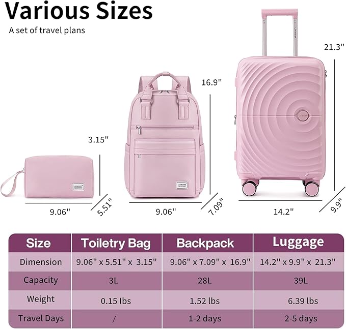 LARVENDER Carry On Luggage Set 22x14x9 Airline Approved, Expandable 20 Inch Carry-On Suitcases With Wheels, Lightweight Luggage Sets 3 Pieces With Backpack, Light Pink