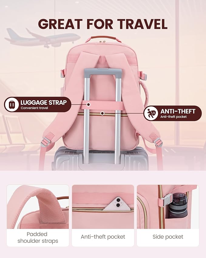 LOVEVOOK Travel Backpack for Women & Men 40L,Airline Approved Carry On Backpack Travel Essentials,TSA Carry on Luggage,Waterproof Personal Item Travel Bag,Suitcase with 3 Packing Cubes,Pink-Brown