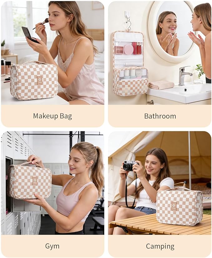 Narwey Small Hanging Travel Toiletry Bag for Traveling Women, Checkered Travel Bag for Toiletries, Makeup Bag Organizer Make Up Cosmetic Bags (Light Brown Checkerboard)