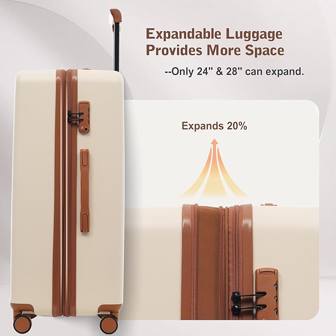 Merax Luggage Sets 5 Piece,Front Open Hardshell Expandable Suitcase with Spinner Wheels and Duffel Bags,Lightweight Carry on Luggage with USB Port,20/24/28IN,White and Brown