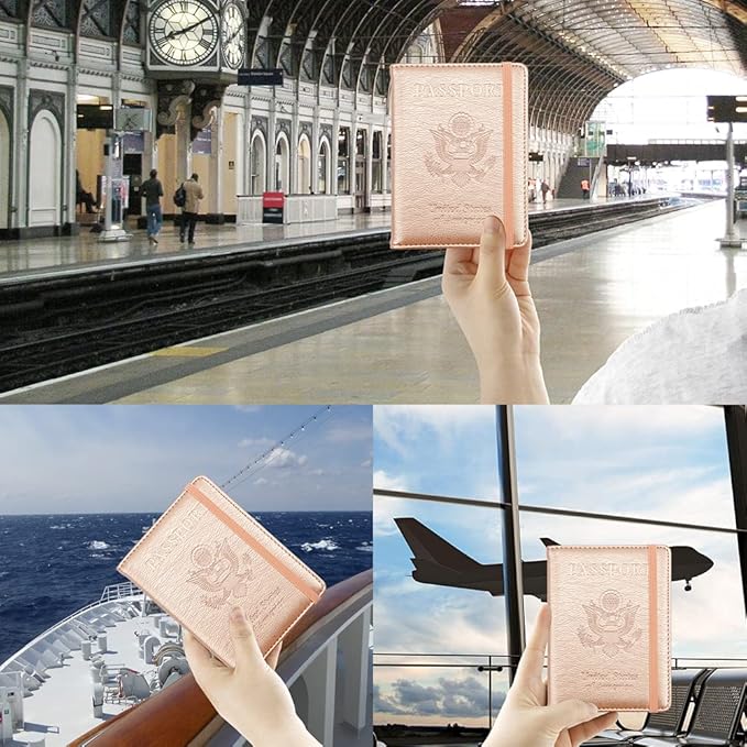 Passport Holder for Travel,Leather Passport Holder RFID Blocking Passport Cover Wallet Passport Case with Pen Holder Passport Holders for Travel Women Men Family Travels Must Haves Essential,Rose Gold