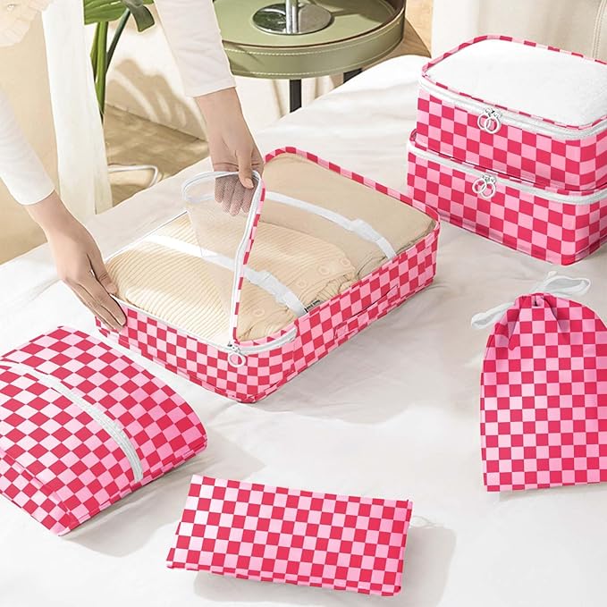 KPX 8 Set Packing Cubes for Travel, Luggage Packing Organizers Accessories Large Toiletries Bag for Clothes Shoes Cosmetics (8Set-Rose Checkered)