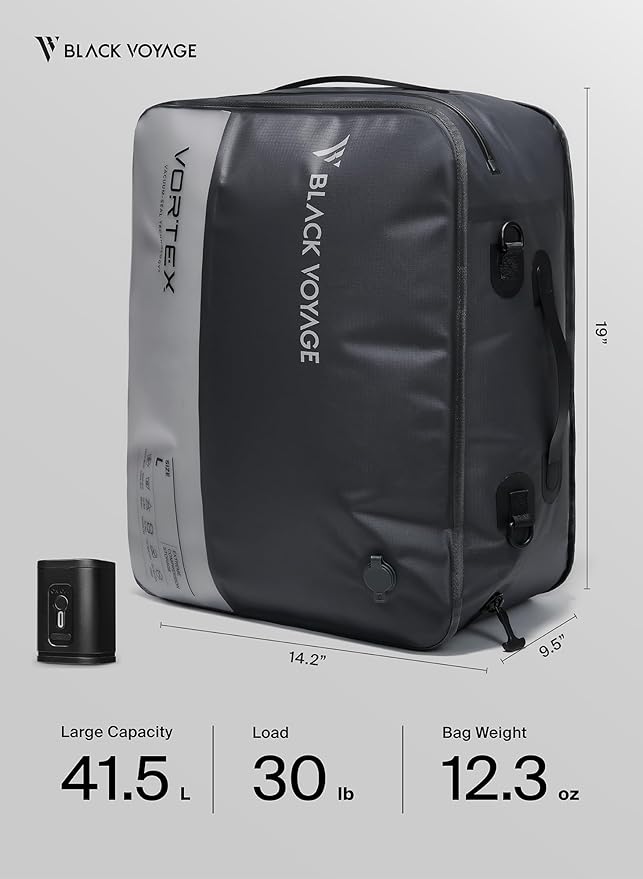 Black Voyage Reusable Vacuum Compression Travel Bag for Carry-On Suitcase and Backpack, Recycled IP67 Waterproof Space Saver Vacpack (1-Pack, 41L - Pump Included)