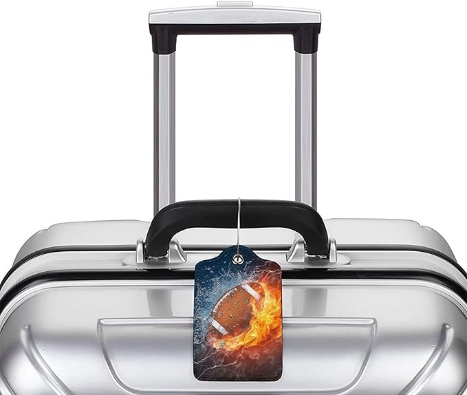 2 Pack Football Luggage Tags Travel PU Cute Leather Sports-Themed Bag Luggage Tag Name ID Labels with Privacy Cover Suitcases Women Men Girls Boys Fun Laggage Tags Identifiers with Cool Fire(football)