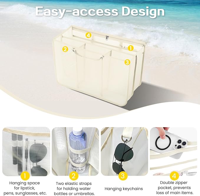 XYFuuee Beach Bag Organizer Inserts for Baby Medium Bogg Bag Accessories with 8 Removable Metal Fasteners, Lightweight Mesh Insert Divider Pouch, Organizing Rubber Tote, Save Storage Space, Khaki M