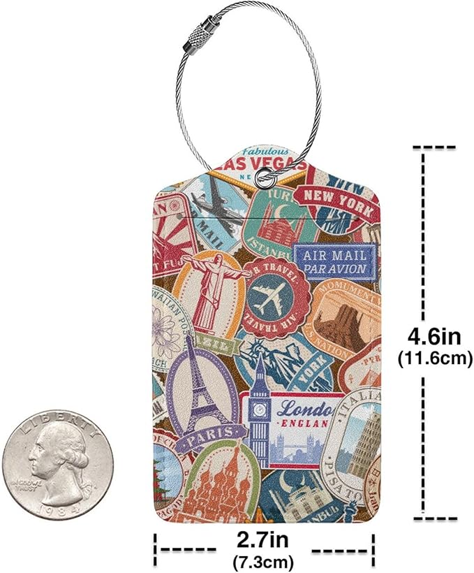 Travel Stamp 2 Pack Luggage Tags Travel PU Cute Leather Luggage Tag Name ID Labels with Privacy Cover Suitcases Women Men Girls Boys Fun Laggage Tags