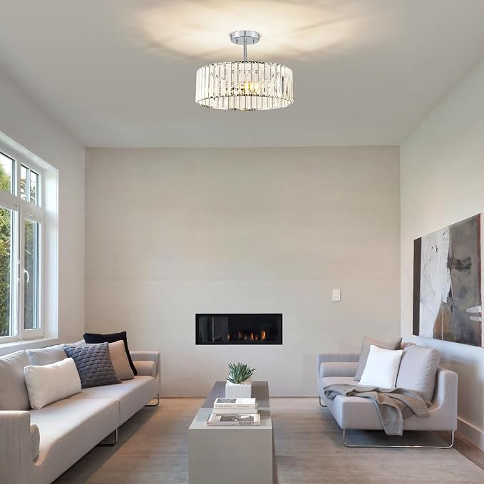 Pevfah Crystal Chrome Ceiling Light, 3-Light Semi Flush Light Fixture, 15" | Flush Mount Dining Room Chandelier, Modern Light Fixture Ceiling Mount for Kitchen, Entryway, Bedroom, Bulbs Not Included
