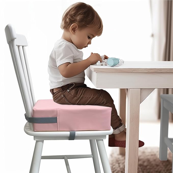 Toddler Booster Seat Dining Table Kitchen Chair, Waterproof Anti-Scratch PU Cushion, Non-Slip Bottom, Adjustable Buckle Straps, Easy Clean Portable Seat Cushion (Pink)