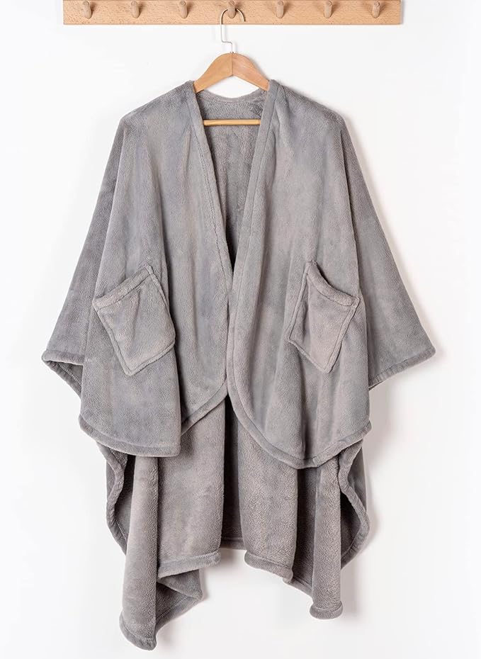 Berkshire Blanket Primalush™ Wearable Blanket, Cozy Loungewear Pocketed Plush Cape Wrap for Adults & Teens(Pebble Gray, One Size 58"X64")