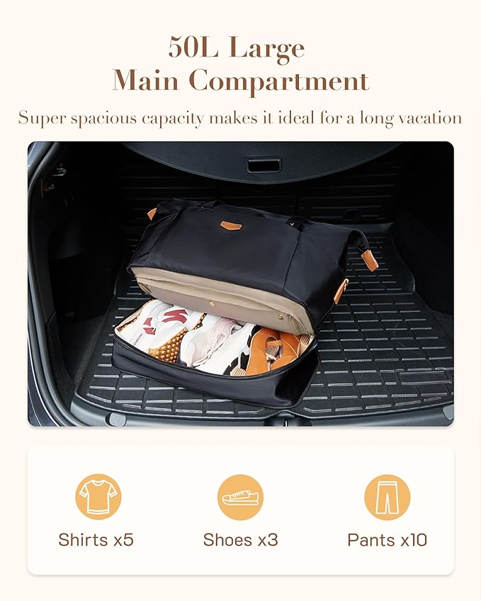 Missnine Weekender Bag for Women, Foldie Travel Bag Expandable with Shoes Compartment Travel Duffel 50L Carry on Overnight Gym