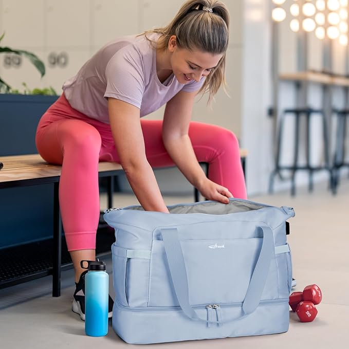 ETRONIK Gym Bag for Women, 45L Carry On Travel Duffel Bag with Shoes Compartment, Weekender Overnight Bag with Wet Pocket & USB Charging Port for Women, Travel, Gym, Weekend, Large Size (Beige)