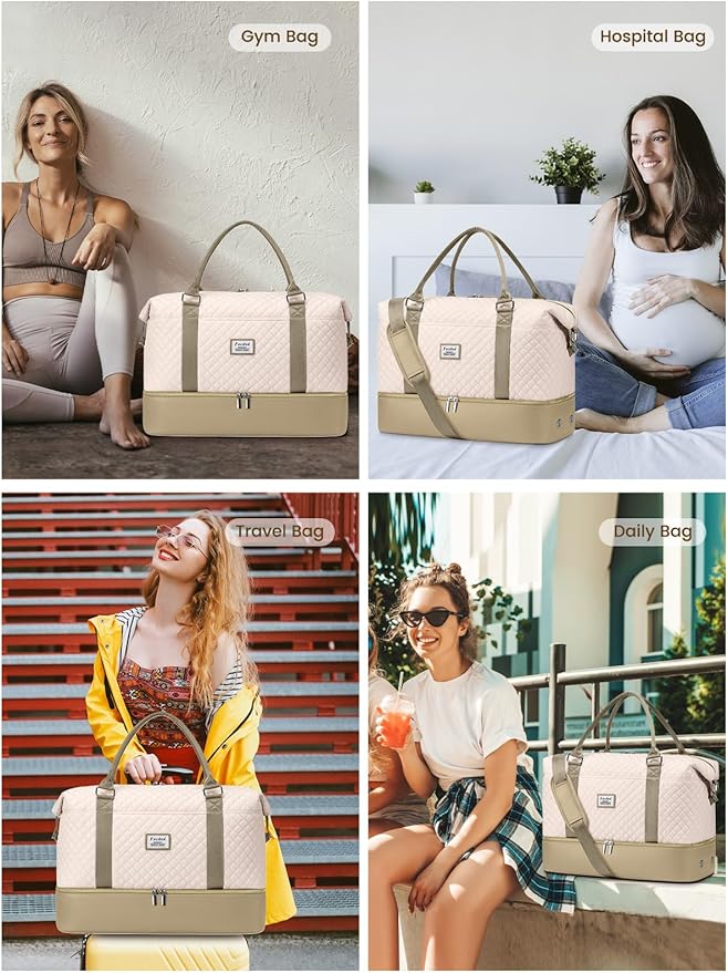 Travel Weekender Duffle Bags for Women: Overnight Bags with Shoe Compartment Large Carry on Weekend Bag with Toiletry Bag & Wet Pocket Tote Duffel Hospital Bag for Women Labor Delivery Beige Khaki