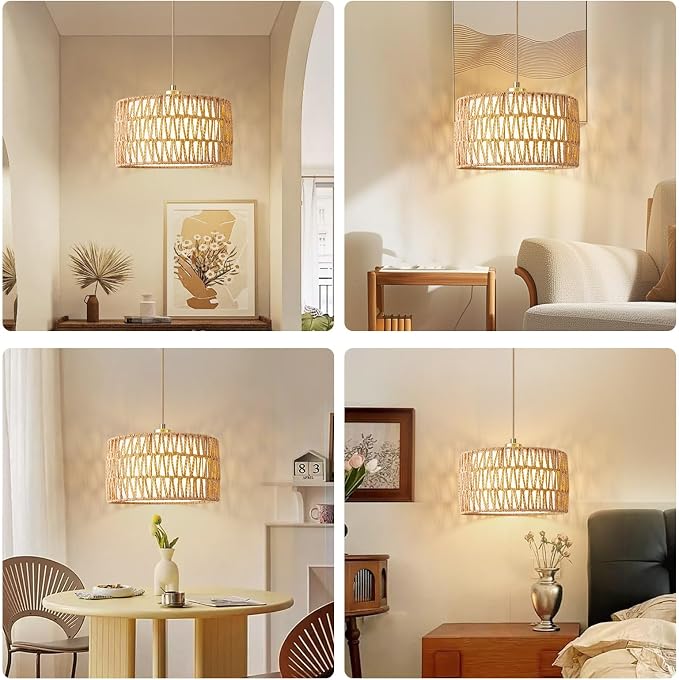 Plug in Pendant Light Rattan Hanging Lights with Plug in Cord | Woven & Fabric 2 in 1 LampShade, Hanging Lamp Plug in for Bedroom Living Room Kitchen Island (Bulb Included)