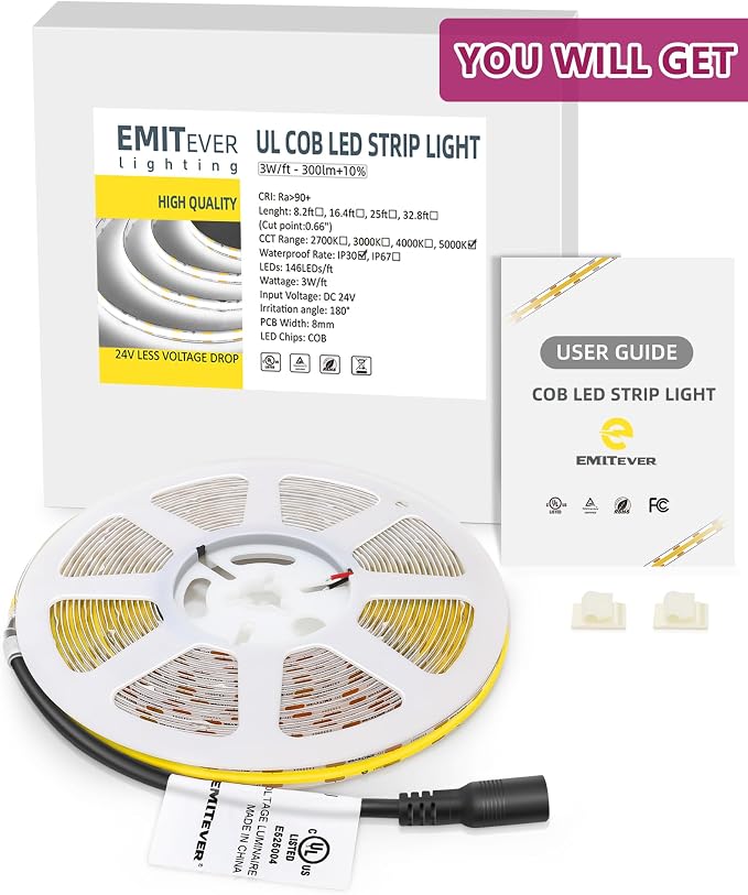 EMITEVER COB LED Strip Lights Cool White 5000K,UL 24V,25ft 3600LEDs | Ra 90+,IP30,3W/ft,305+Lumens/ft,5 Year Warranty(Power Supply Sold Separately)for bedroom,living room,kitchen