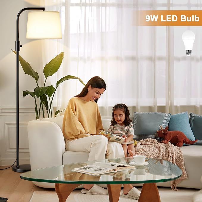 Fully Dimmable Floor Lamp with 9W LED Bulb, Standing Lamp for Living Room with Adjustable Head, Modern Tall Light with Rotary Switch for Office, Black and White