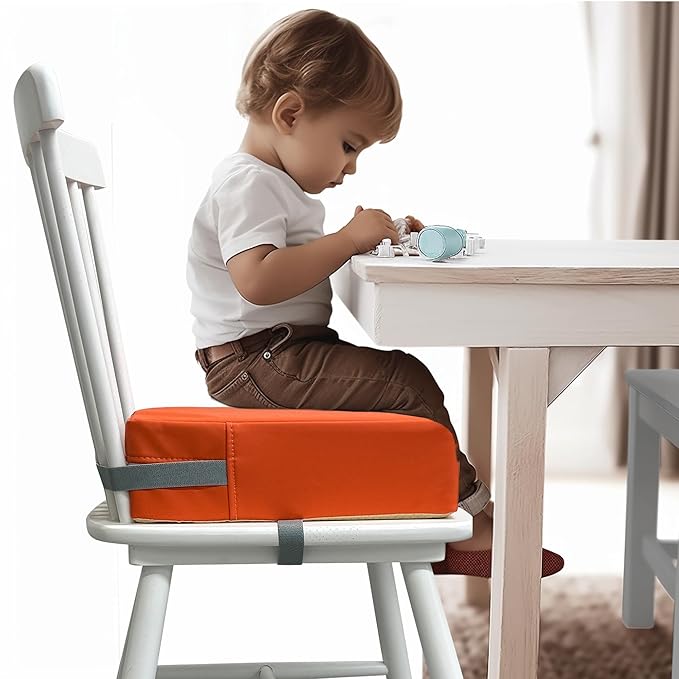 Toddler Booster Seat Dining Table Kitchen Chair, Waterproof Anti-Scratch PU Cushion, Non-Slip Bottom, Adjustable Buckle Straps, Easy Clean Portable Seat Cushion (Tangerine)