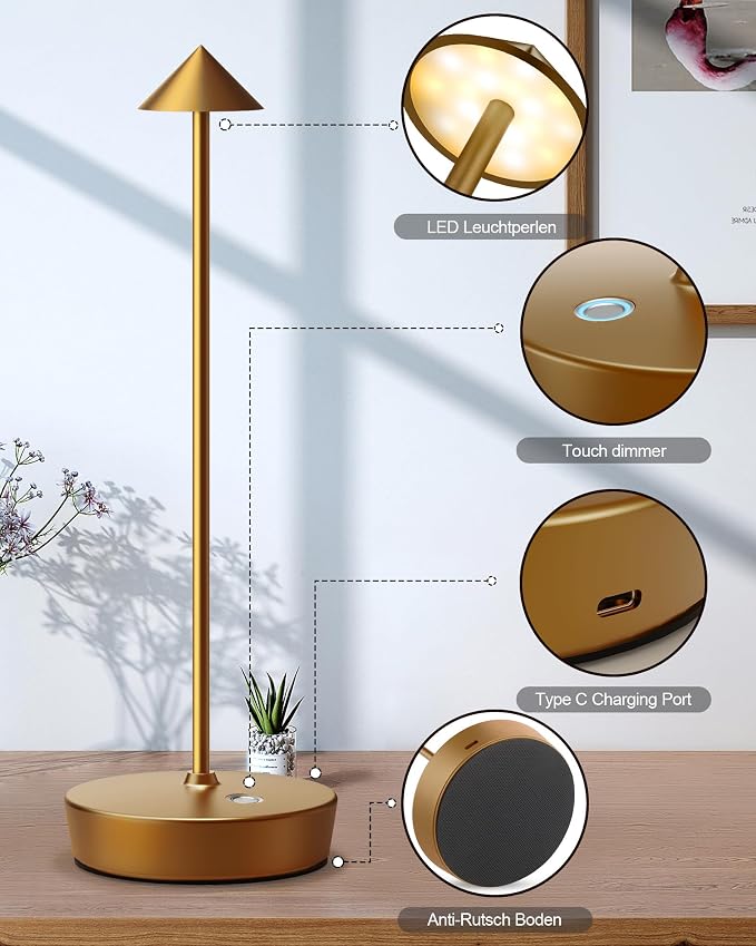 Cordless Table Lamp Rechargeable 6000mAh Battery LED Outdoor Light | Outdoor Waterproof Portable Touch 3 Color Stepless Dimmable Lights Memory Function for Patio Restaurant Dining Bronze