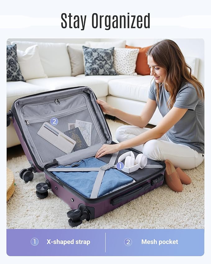 LIGHT FLIGHT Luggage Sets, 3 Piece Durable Suitcase Set with Spinner Wheels, 3 Pcs Hard Shell Lightweight Luggage with TSA Lock, Large Checked Travel Suitcases, 20/24/28 Inch,Purple