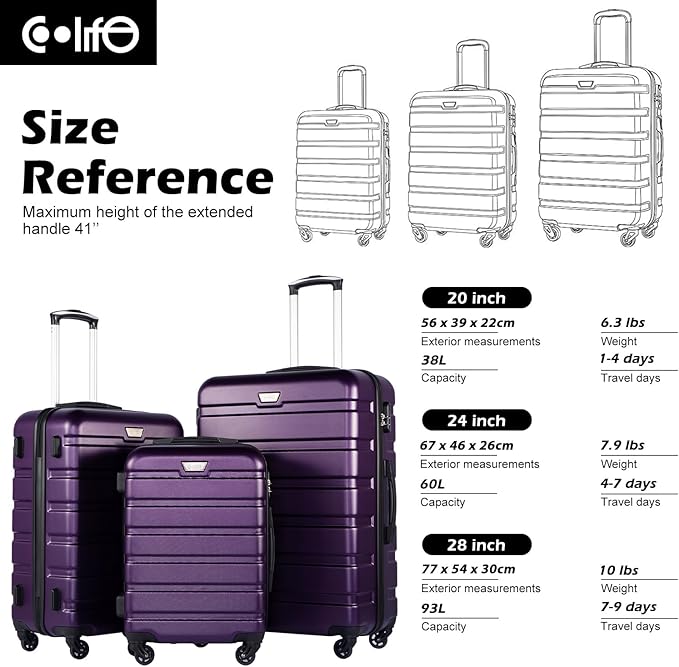 Coolife Luggage 3 Piece Set, Lightweight Durable Hardshell Suitcase set with 360° Spinner Wheels, TSA-approved Lock, Checked Family Travel Luggage sets, 20/24/28 Inch, Purple